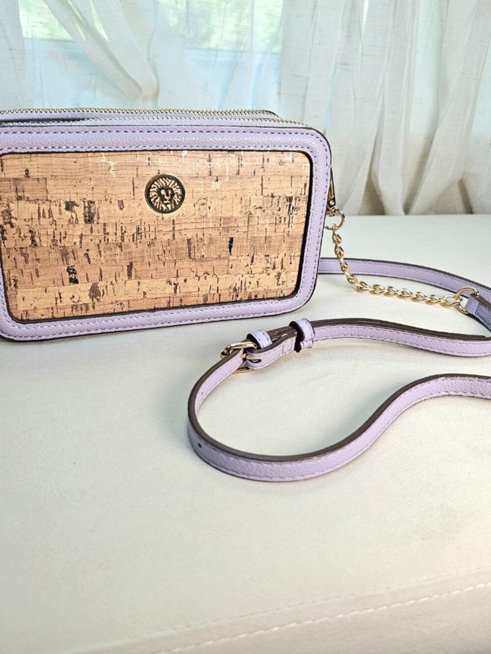 Anne Klein Lavender Cork Double Zip Camera Crossbody Bag Gold Chain Strap - Picture 3 of 15